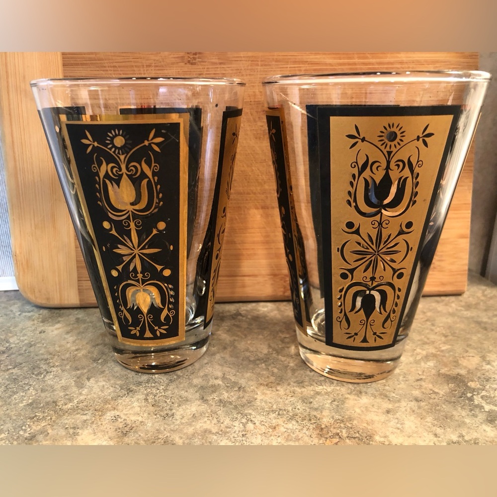 2 VTG Dominion Glass MCM Highball Glasses Hollywood Regency Glasses Black & Gold